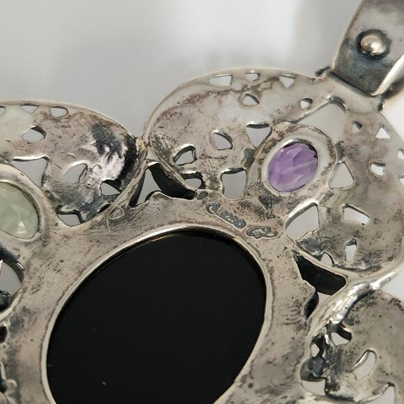 Vintage Silver Petal Pendant With Onyx Center, Accented By Amethyst & Citrine - Picture 5 of 8